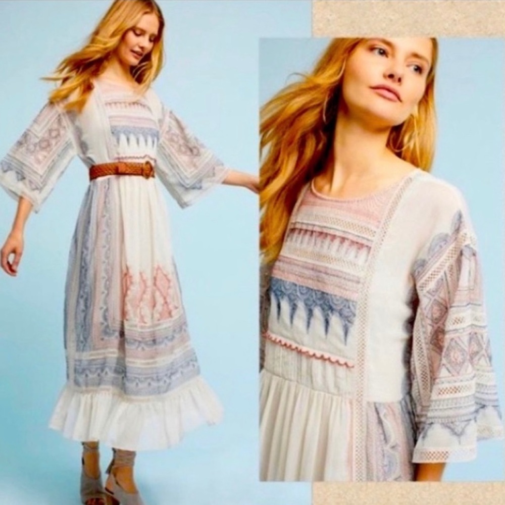 Anthropologie Maeve Toronto Womens Boho Embroider Peasant Midi Dress Bell Sleeve - Picture 2 of 13